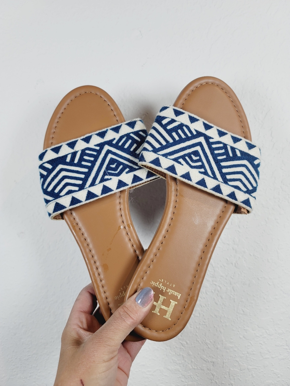Haute Hippie Tan Slide Sandals with Navy & White Geometric Strap, Size 9.5